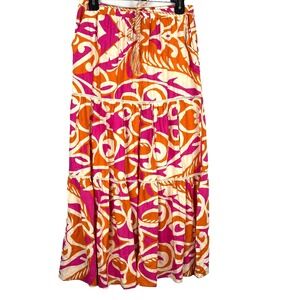 Christian Siriano Women Linen Tiered Maxi Skirt Sz S Pink Tropical Resort Beach